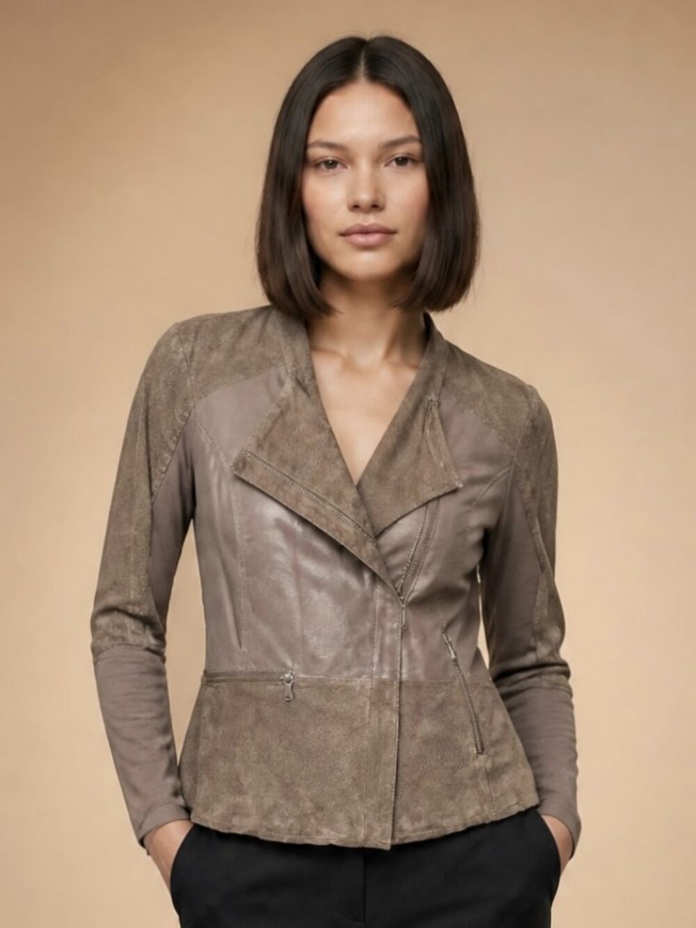 Sandwich leather suede and stretch fabric light brown  zipper for closing new